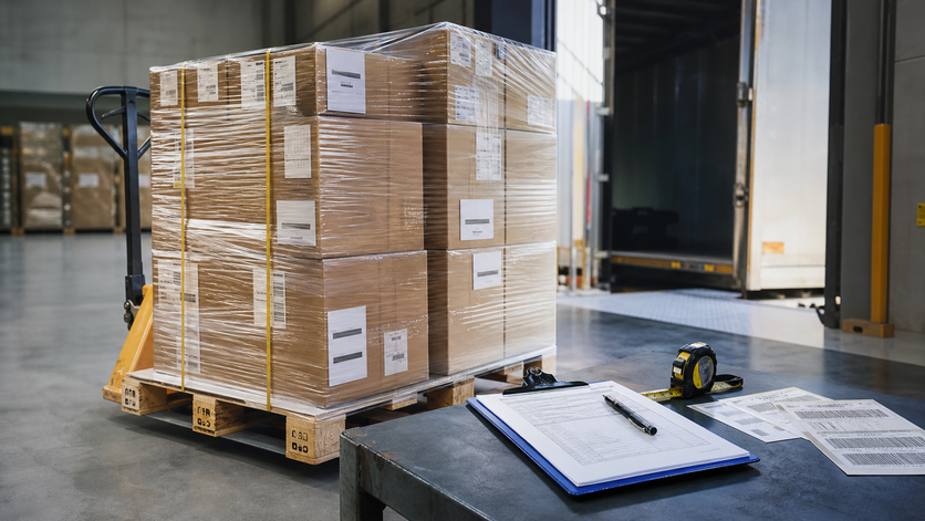 Pallet freight shipping prep with labeled pallets, shipment measurements, and paperwork review
